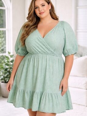 Draper James RSVP Green Gingham Dress 3X Puff Sleeve Tiered